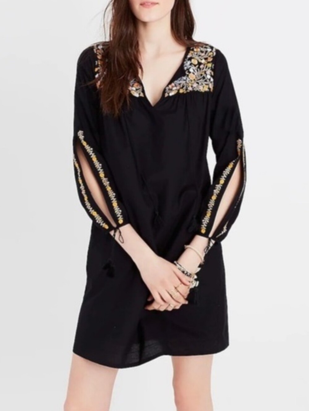 Madewell Black Embroidered V-Neck Dress with Yellow Accents Boho 100% Cotton